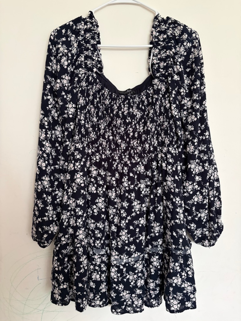 Lulu’s Floral Print Smocked Long Sleeve Mini Dress Size S Boho Babydoll Prom